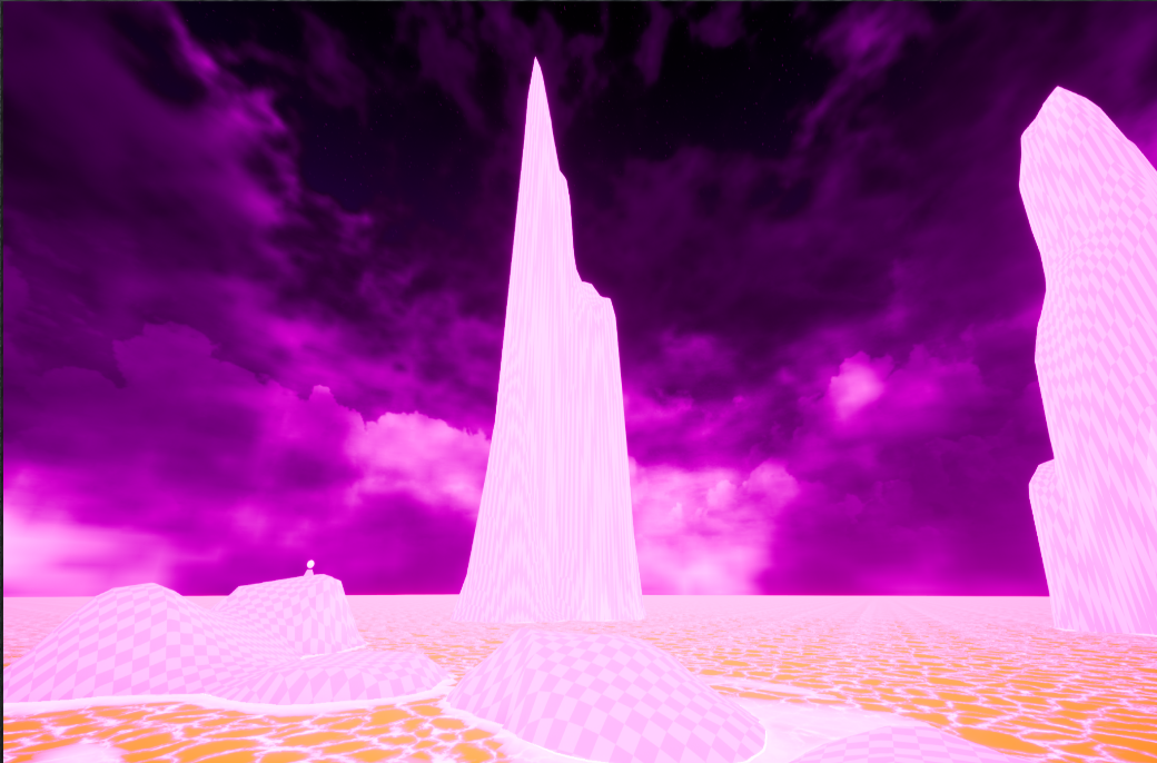 a foreign and alien seascape with towering pillars and a dark purple sky